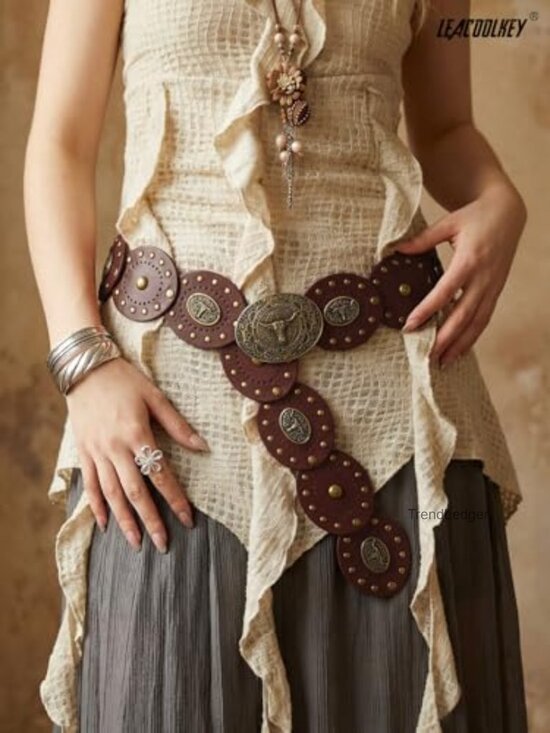 Wide Faux Leather Western Concho Disc Belt for Dresses Jeans